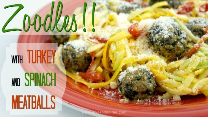 Zucchini noodles AKA Zoodles and delicious, light meatballs with turkey, spinach, garlic and parmesan. I can’t wait to make this again!