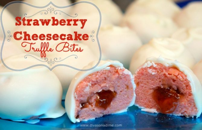 You need these bites of strawberry filling wrapped in strawberry cheesecake, dipped in white chocolate! Perfect for Valentine’s Day!