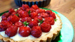 OMG! Look at this tart! A sugar cookie crust filled with rich vanilla custard, topped with strawberry roses. And it tastes even better than it looks.