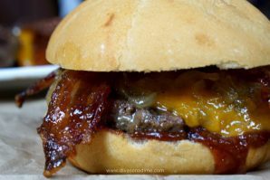 Simply the BEST burger. Smoky, juicy BBQ’d burger, sharp cheddar, sweet caramelized onions, homemade BBQ sauce with crisp, brown sugar and pepper candied bacon.