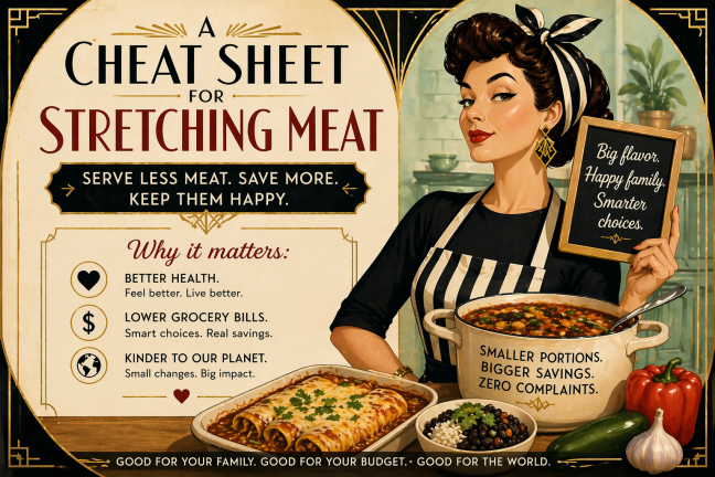 Art Deco-style illustration of a retro woman in a kitchen holding a sign about stretching meat, with dishes like enchiladas and beans highlighting budget-friendly, meat-stretching meal ideas.