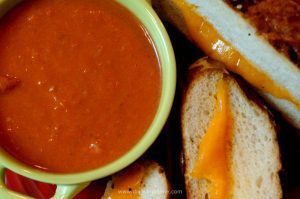 Perfect for fall, this easy recipe feeds a crowd and gives a cozy retro meal a fresh twist. Homemade “Not Your Mama’s Tomato Soup” and a slab of grilled cheese big enough to share.