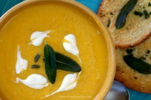 Decadently creamy, butternut squash soup with a little sweet and a little heat. Perfect for fall. Parmesan Sage Crisps and fried Sage Leaves are perfect pairings.