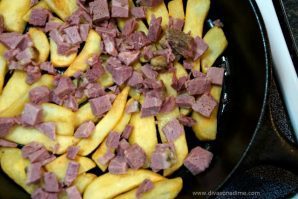 Irish Nachos Layer 1 - Fries and corned beef