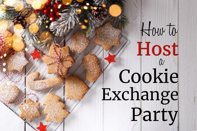 Image of different kinds of cookies with little Christmas decorations with text reading "How to host a cookie exchange party".