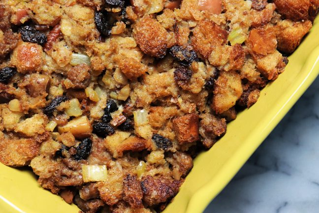 A large casserole dish filled with delicious Thanksgiving stuffing.