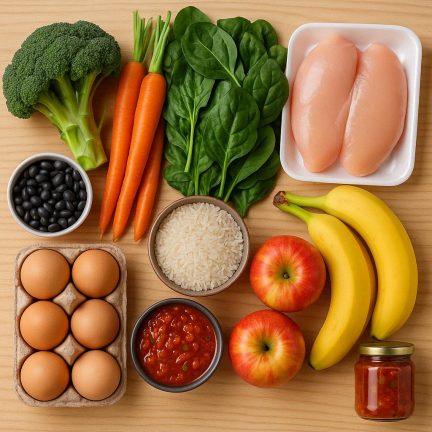 Food on a countertop or cutting board. There's Broccoli, carrots, spinach; chicken, eggs, black beans; rice, pasta; apples, bananas; salsa.