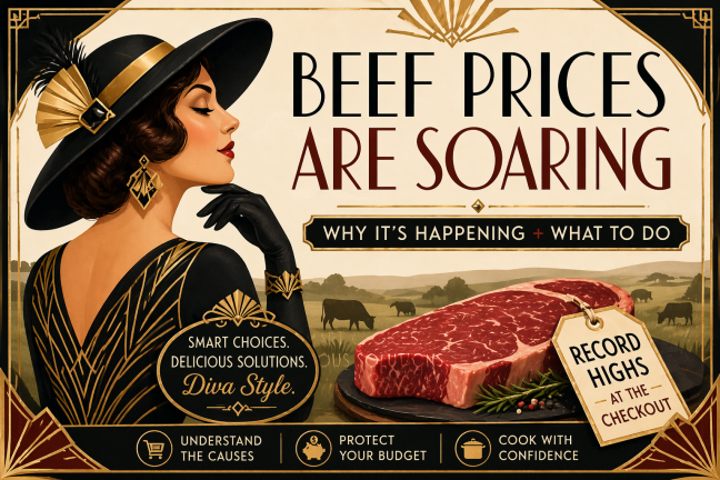 Art Deco-style illustration of a stylish woman beside a steak with a price tag, highlighting rising beef prices and offering tips to save money and cook confidently.