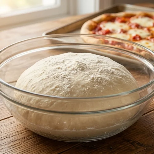 a large bowl of pizza dough sitting on a rustic table. We can see a beautiful pizza is behind the bowl.