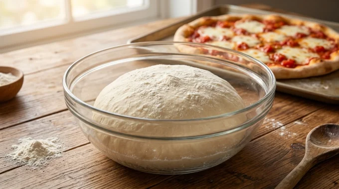 a large bowl of pizza dough sitting on a rustic table. We can see a beautiful pizza is behind the bowl.