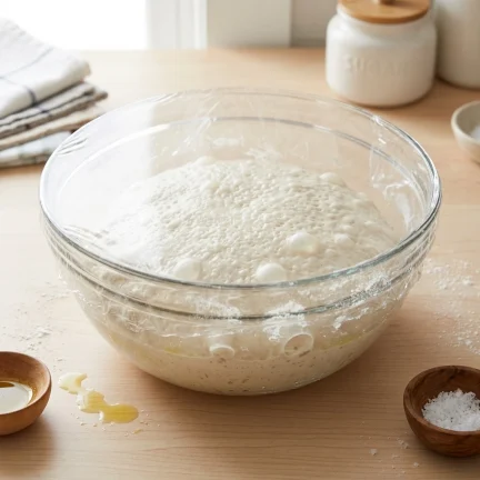 A bowl of pizza dough rising or proofing on the counter. The bowl is covered with plastic wrap.