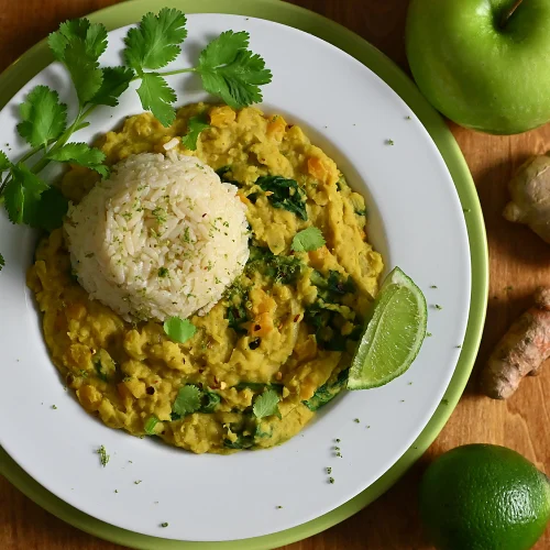 A delicious bowl of golden coconut dal, a soup made with orange lentils, ginger, turmeric and grated apple.