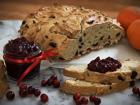 A crusty, buttery twist on Irish soda bread packed with dried cranberries and fresh orange zest.