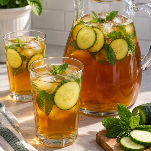Glass pitcher and two glasses of golden cucumber-mint iced tea with ice, fresh mint and cucumber slices on a sunlit kitchen countertop.