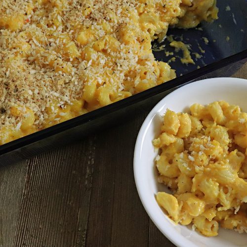 creamy, macaroni and cheese with butternut squash in the sauce. big swirly pasta and a crunchy crumb topping.