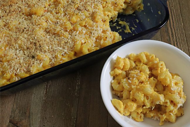 creamy, macaroni and cheese with butternut squash in the sauce. big swirly pasta and a crunchy crumb topping.