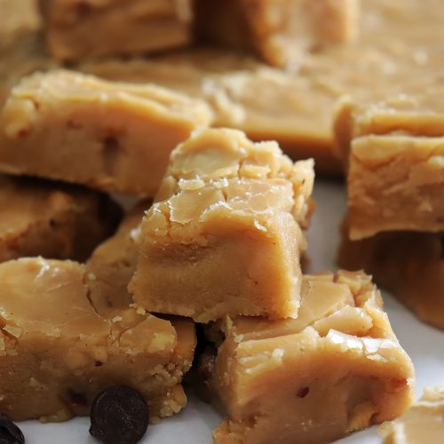 Delicious, creamy no-bake peanut butter fudge. A large slab of fudhe cuts into small squares perfect for gifting and sharing.