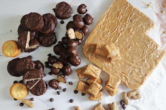 No bake peanut butter treats three ways: creamy fudge, chocolate-dipped truffles, and cracker sandwich cookies. Zero oven time, great for gifting.